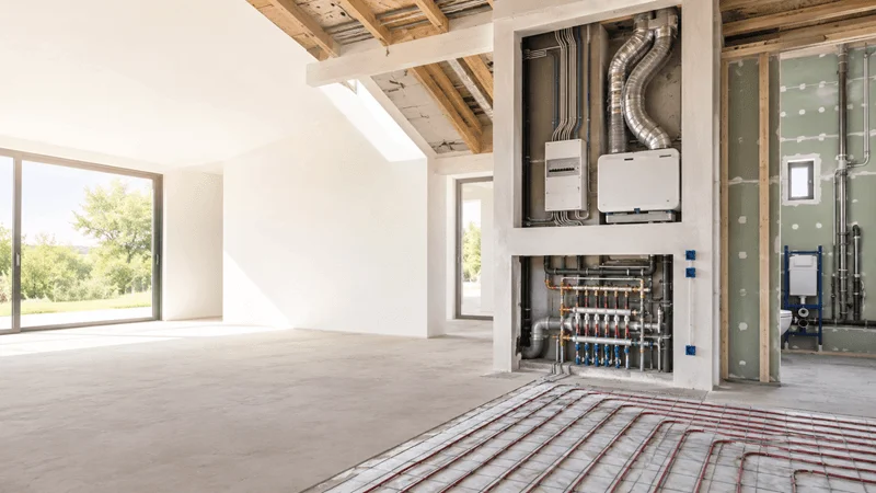 Verwarming, ventilatie, elektriciteit en sanitair zichtbaar in een moderne woning in opbouw