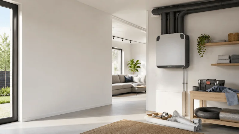 Ventilatie-unit met luchtkanalen in een moderne woning, klaar voor zelfplaatsing met Easykit