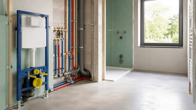 Sanitaire leidingen en afvoer in een woning in opbouw