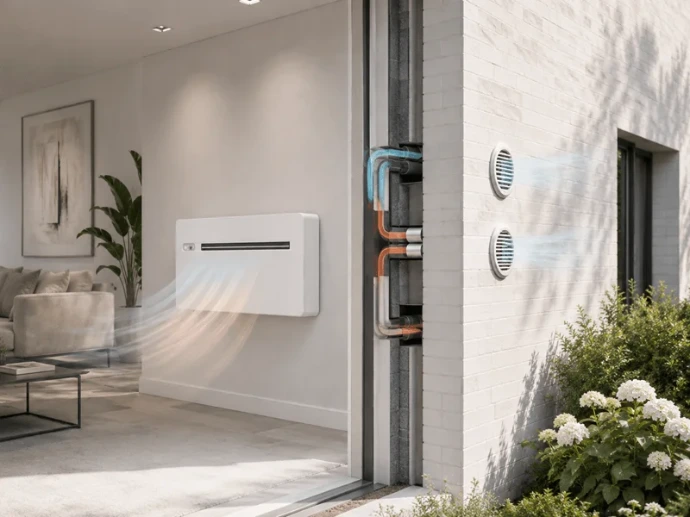 Werking van een airco zonder buitenunit met twee ventilatieroosters in de buitenmuur