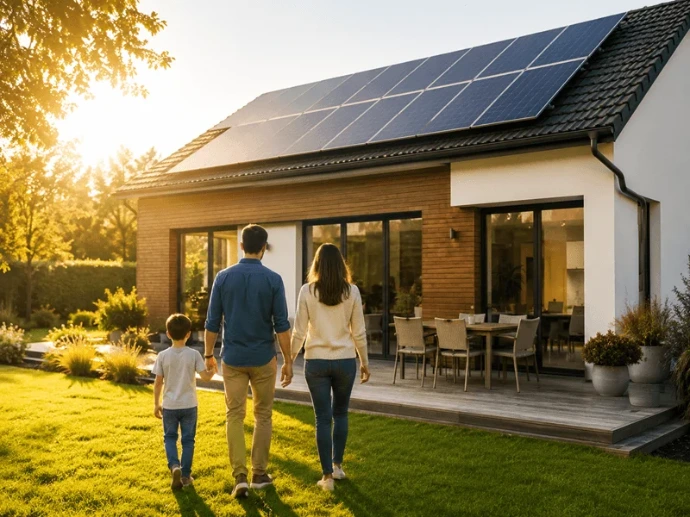 Gezin bij energiezuinige woning met zonnepanelen voor Easykit Summer Sales