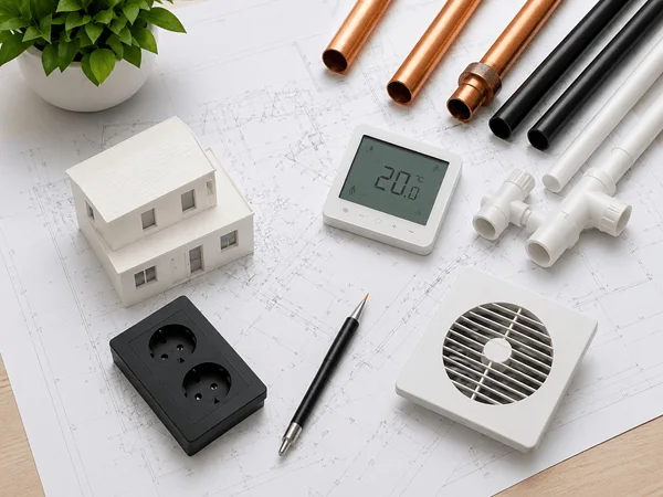 Technische plannen met sanitair, verwarming, ventilatie en elektriciteit voor een Easykit-zelfbouwproject