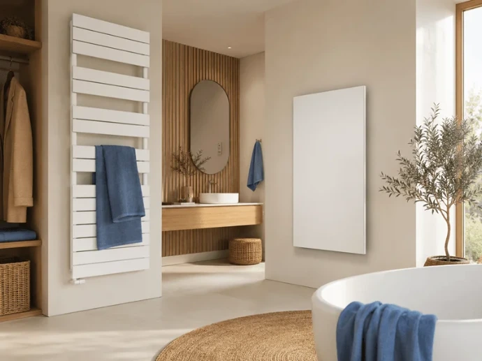 Stelrad Rayo infraroodpaneel en Dahlia designradiator in een moderne badkamer