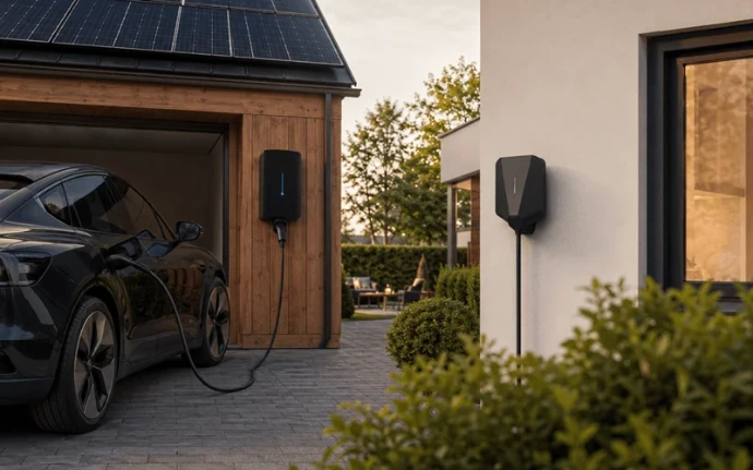 Slim thuisladen met een laadpaal bij een woning